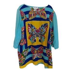 Diane Gilman Silk Butterfly Sequin Top Women 2X Blue Multicolor 3/4 Sleeve Art